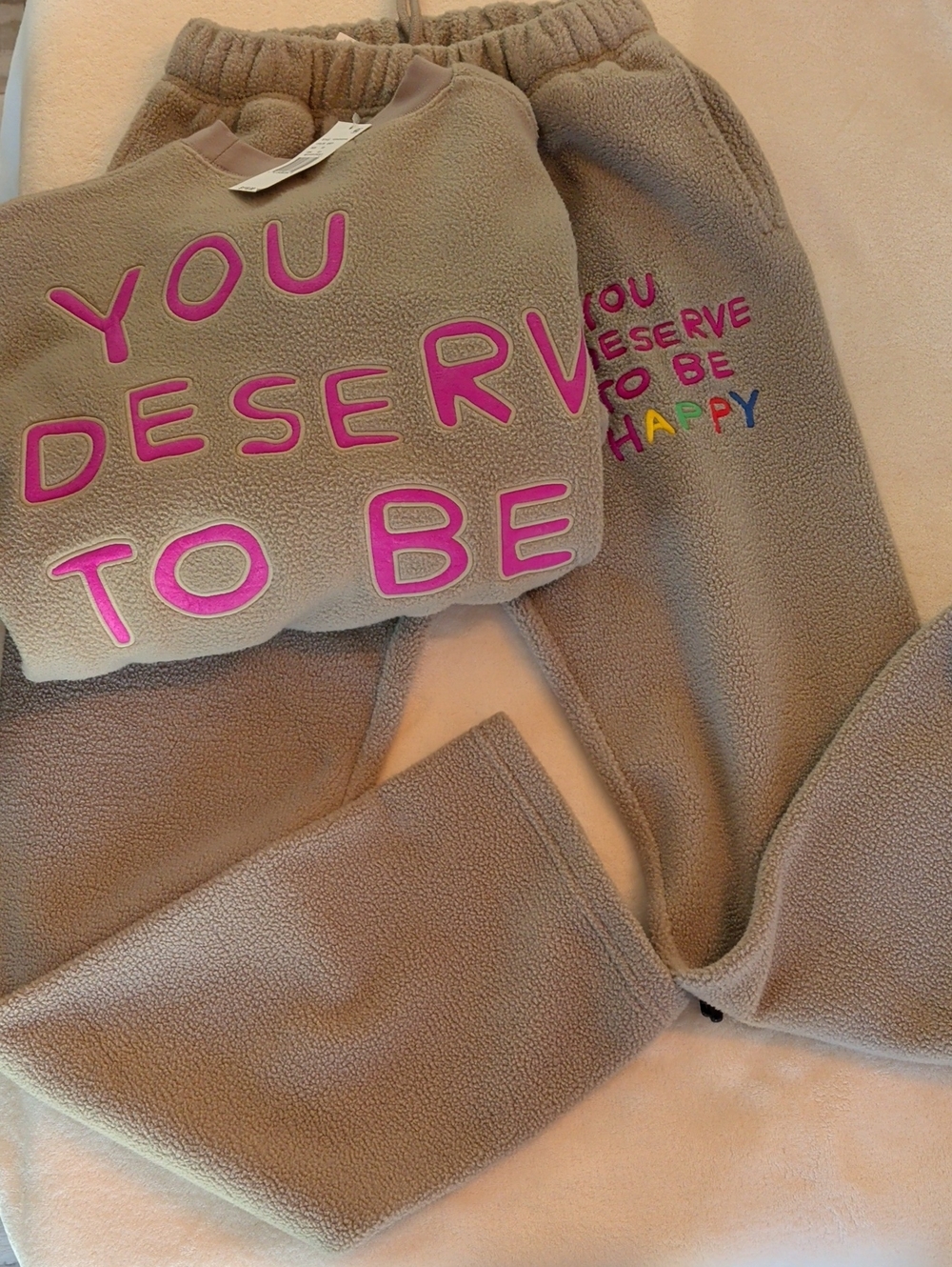 Mayfair Group Taupe Fleece Sweatshirt & Pants Set with Pink Lettering